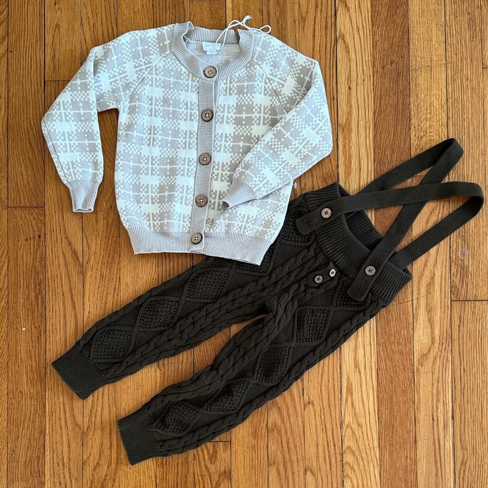 JAMIE KAY 2Y boys cable knit pants overalls and cardigan set Thanksgiving cotton